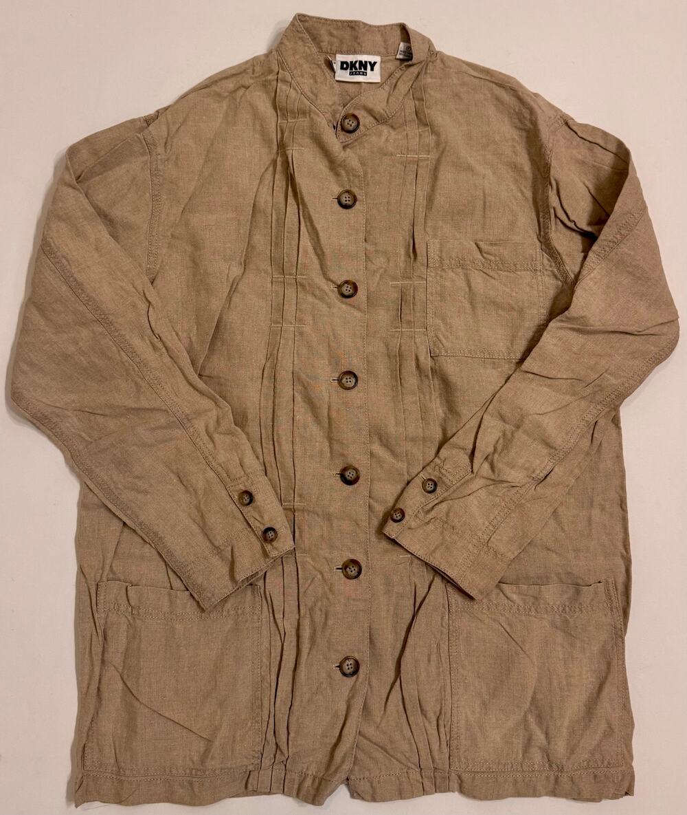 Vintage 00s DKNY Jeans 100% Linen Tan Chore Coat Size 6 Pockets Full Button